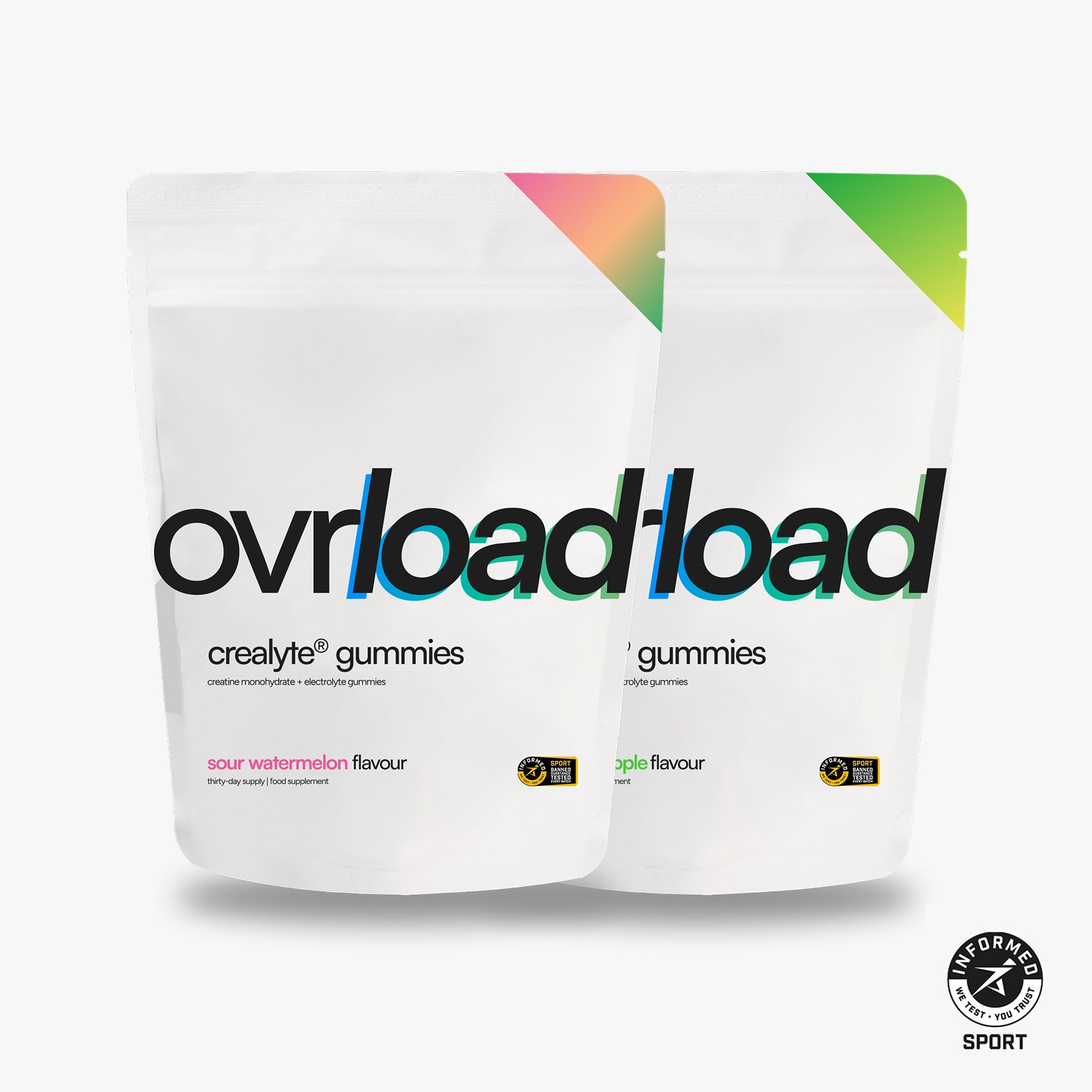 Three white pouches of Ovrload Crealyte Gummies in various flavors against a white background.